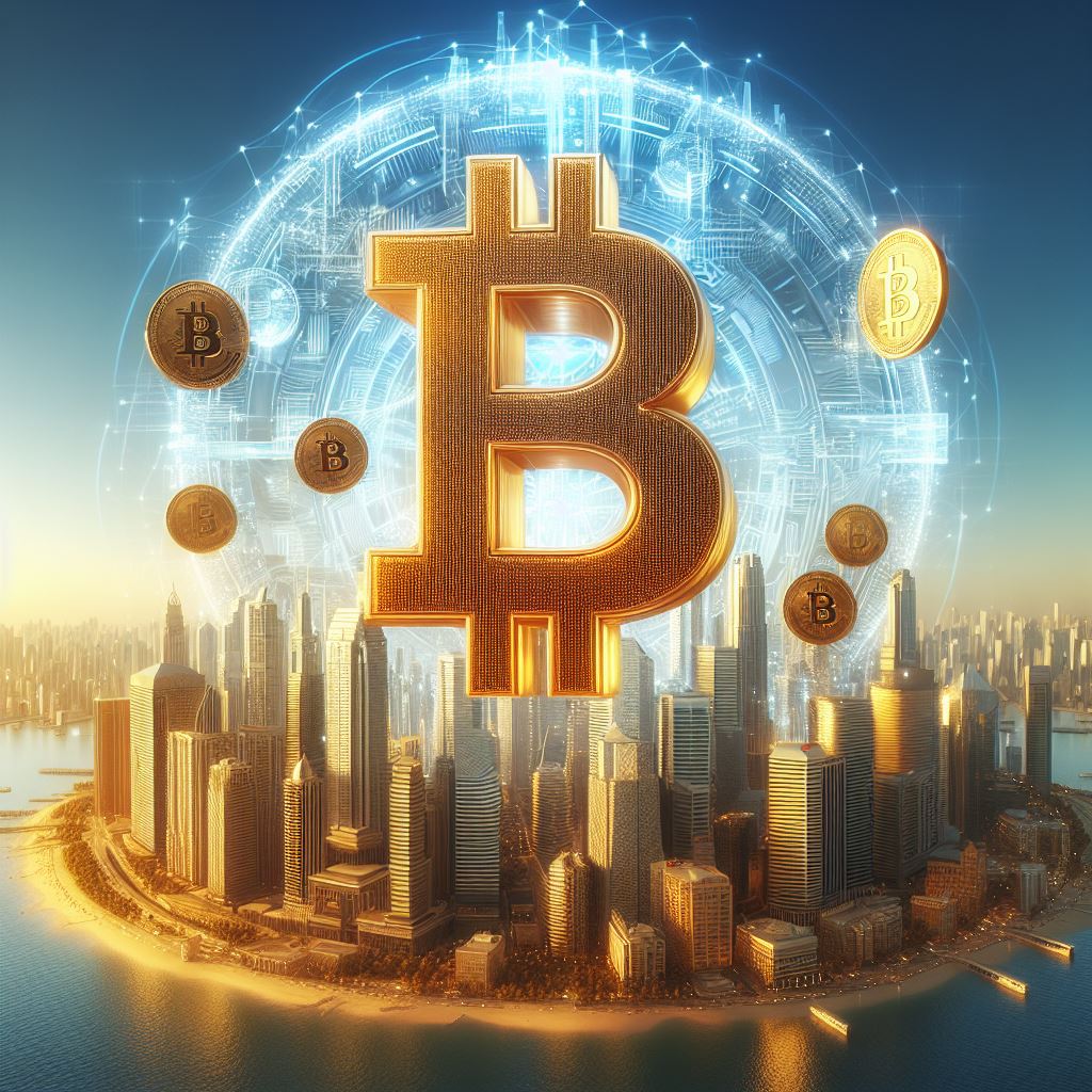 Simbolo de bitcoin con algunas monedas flotando sobre una ciudad