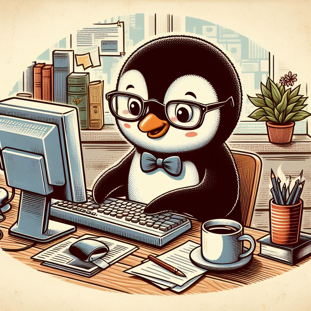 pingüino usando computador